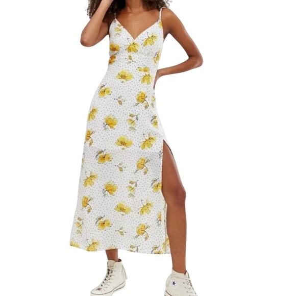 Abercrombie & Fitch Dresses & Skirts - Abercrombie & Fitch Floral Side Slit Midi Dress Yellow White Polka Dots Sz Small